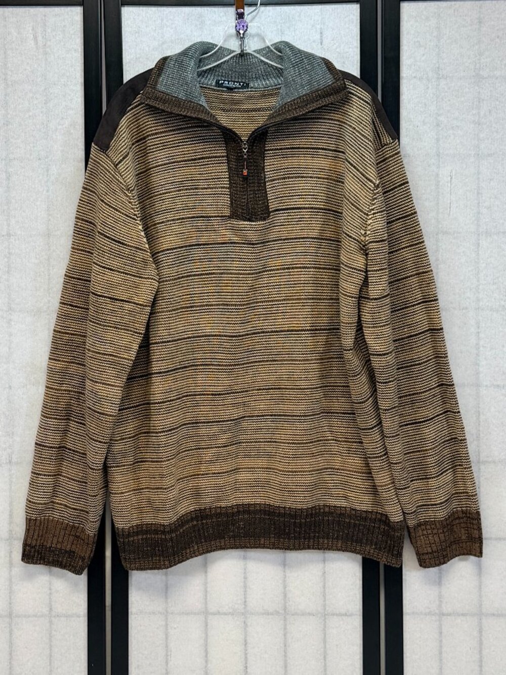 Pronti Phita Mock Neck Quarter Zip Stripe Sweater Suede Shoulder 4XL Brown Tan